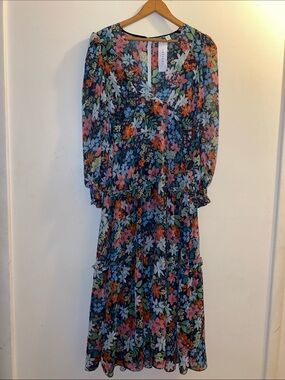 Topshop Floral Tiered Midi Dress Long Sleeve Chiffon V-Neck Boho 4